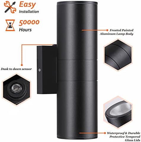 DAKAFUL Dusk to Dawn Outdoor Lighting Sensor Wall Lights 4Pack, 12W 2700K Integrated LED Cylinder Up Down Lights Outdoor, IP65 Waterproof Aluminum Wall Sconce Exterior Wall Light for Porch Patio etc. - Image 4