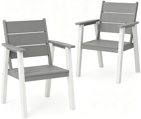 Outdoor Dining Chairs Set of 2,HDPE Patio Chairs with Wide Seat,Ergonomic Design Outdoor Furniture for Porch,Backyard,Deck,White and Grey by Polyhouz