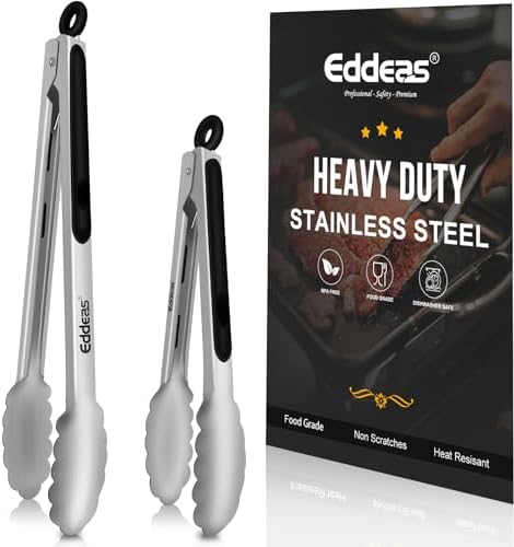 Eddeas Kitchen Tongs - 9" and 12" Tongs for cooking, Heat Resistant 600 Degrees Stainless Steel Metal Tong and Non-Slip Handle - Perfect for Cooking, Salad and BBQ, Set of 2 by Eddeas