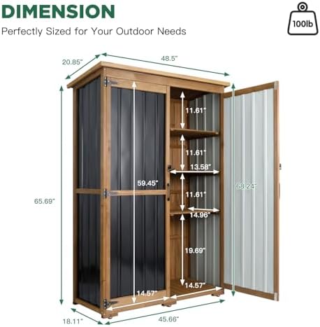 Outdoor Storage Cabinet Waterproof with Shelves, Outdoor Storage Shed Garage Cabinet Weatherproof, Wood & Metal Outside Patio Backyard Garden Pool Storage Tool Organizer - Image 3