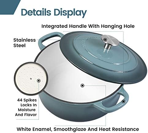 EDGING CASTING Enameled Cast Iron Round Dutch Oven with Lid Dual Handle Pot Bread Ovens, 7 Quart, Slateblue - Image 3
