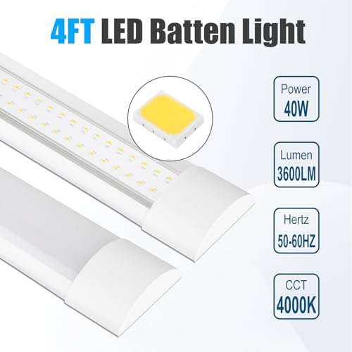 2 Packs 4FT LED Batten Light with 50cm Cable, Ultra-Thin Slim Ceiling Surface Mounted Light, 40W, 4000K, IP20, LED Ceiling Lamp for Garage, Shop, Hallway, Office, Market - Image 2
