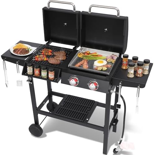 Charcoal and 2-Burner Propane Gas Combo Grill with Stainless Steel Griddle & Porcelain-enameled Cast Iron Grates, Dual Fuel BBQ Combo Grill for Outdoor Cooking by LabolataOutdoorGrills