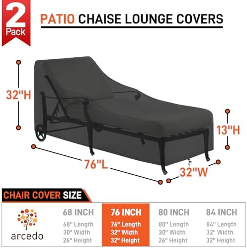 Arcedo Outdoor Lounge Chair Covers 2 Pack, 76" x 32" x 32" H, Black - Image 2