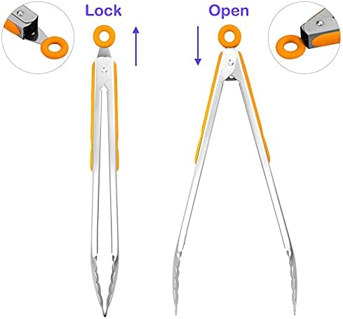 304 Stainless Steel Kitchen Cooking Tongs, 12 & 14 Inch, Set of 2, Orange - Image 3