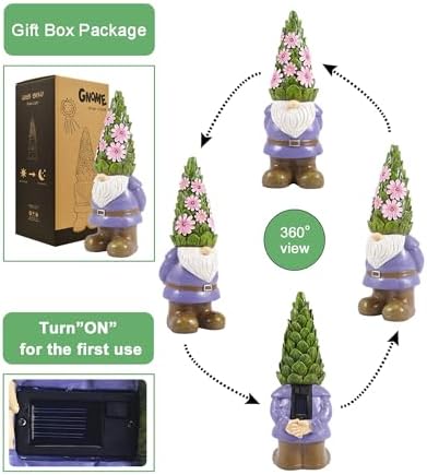 Nacome Solar Gnome Garden Statue - Succulent & 7 LED Lights, Outdoor Decor - Image 3