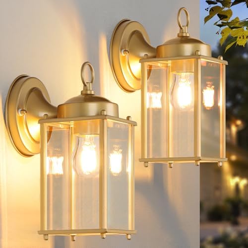 MATAMEYE Large Outdoor Wall Lantern, Exterior Waterproof Wall Sconce Light Fixtures, Gold Front Door Lighting with Clear Beveled Glass, Anti-Rust E26 Socket Porch Lamp, 2 Pack by MATAMEYE