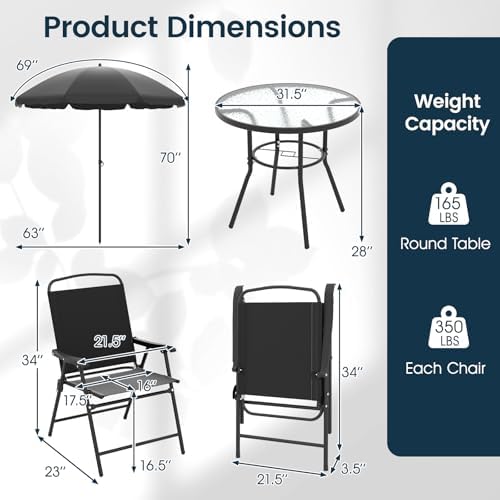 Tangkula 6 Pieces Patio Dining Set with Umbrella, Outdoor Table and Folding Chairs Set with 4 Armchairs and Round Tempered Glass Table for Garden, Deck, Lawn and Backyard (Black) - Image 3