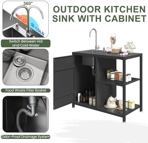 EROMMY 5-Piece Modular Outdoor Kitchen, Sink, Storage & Grill Stand, Black - Image 3