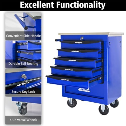 6-Drawer Heavy-Duty Rolling Tool Chest with Wheels & Steel Roof, Lockable Tool Chest Storage Cabinet for Garage, Workshop, Warehouse, and Repair Shop - Image 5