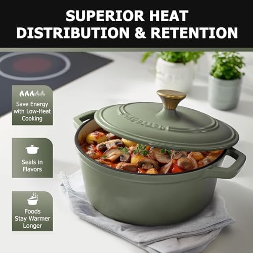 MUELLER HOME 4.5 Quart Enameled Cast Iron Dutch Oven For Sourdough Bread Baking, Heavy-Duty, Oven-Safe up to 500° F & Across All Cooktops, Casserole Dishes, Green Kitchen Accessories, Thyme Green - Image 2