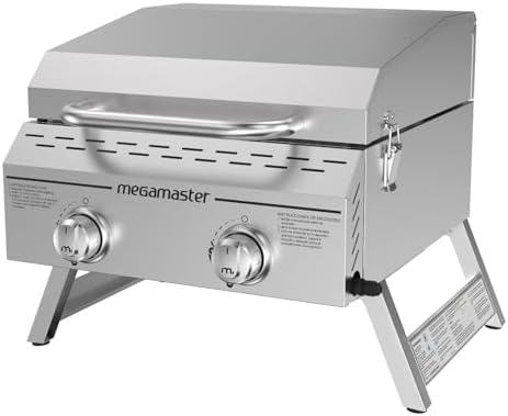 Megamaster Tabletop 2 Burner Gas Grill, Stainless Steel with Foldable Legs by Megamaster