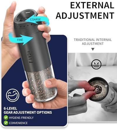 CIRCLE JOY Rechargeable Electric Salt and Pepper Grinder Set with Base, Automatic Pepper Mills with 110ml Container, External Adjustable Coarseness, White Led Light and One-Handed Operation, Black - Image 2