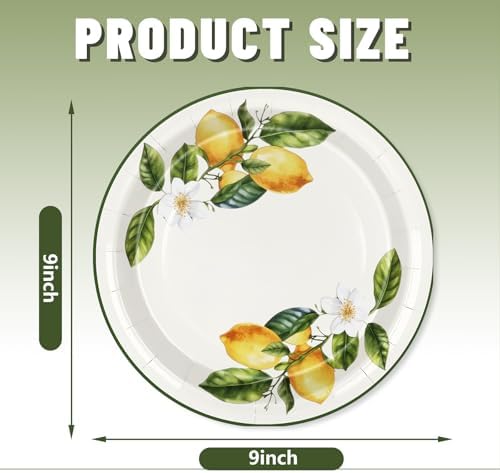 JarThenaAMCS 50Pcs Summer Lemon Paper Plates 9 Inch Yellow Lemon Flower Disposable Plates Decorative Appetizer Dessert Plate for Holiday Wedding Fruit Birthday Dinner Party Supplies - Image 2