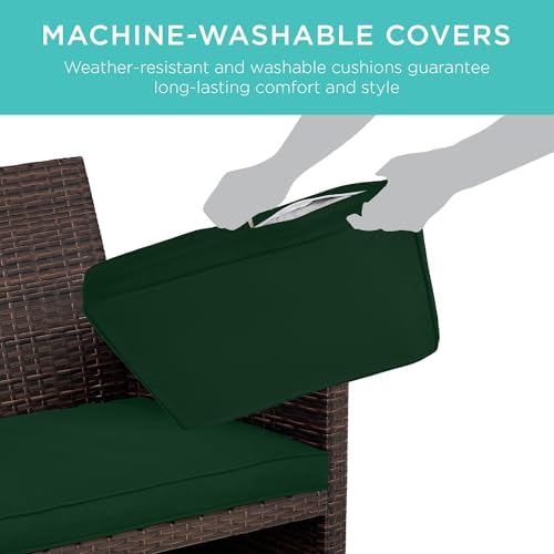 Best Choice Products 4-Piece Outdoor Wicker Patio Conversation Furniture Set for Backyard w/Coffee Table, Seat Cushions - Brown/Midnight Green - Image 5