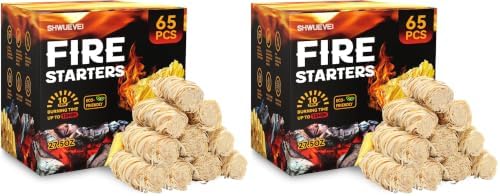 Shwuevei 65 pcs Fire Starter - Natural Fire Starters for Fireplace, Pellet Stove & Wood, Fire Pit, Smoker, BBQ, Chimney, Pizza Oven - Fire Starters for Grill, Charcoal Starter (Pack of 2) by Shwuevei
