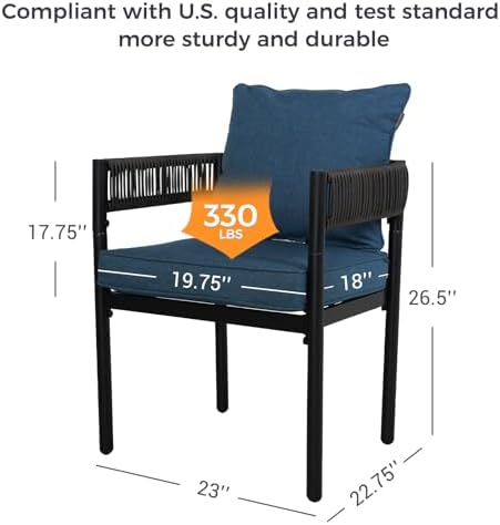 Grand patio 5-Piece Outdoor Dining Set for 4, Metal Woven Wicker Fixed Patio Chairs with Thickened Cushions & 1 Square Woodgrain Dining Table with Umbrella Hole for Backyard Deck (Brown) - Image 5