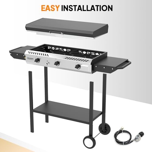 ROVSUN 2-in-1 Propane Stove & 33'' Griddle Combo with Ignition, 3 Burner 225,000 BTU Gas Stove & Grill with Side Shelves, Rolling Wheel & Regulator for Home Outdoor Backyard Camping Cooking Grilling - Image 4