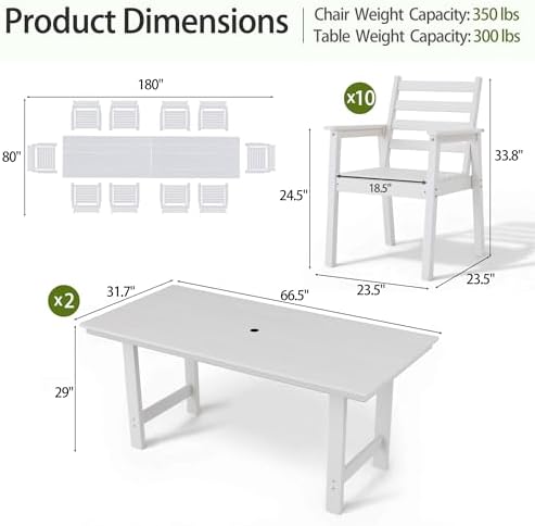 12-Piece Outdoor Dining Set, All-Weather HDPE Patio Furniture, Two 66.5" Slatted Table with 1.6" Umbrella Hole & 10 Ergonomic Armchairs, Heavy Duty 350lbs Capacity, UV Resistant, White - Image 4