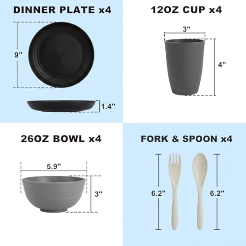 20 PCS Wheat Straw Plates and Bowls Sets,Kids Dishes Dinnerware Sets for 4,Unbreakable Kitchen Plates and Bowls Set for Travel Dishwasher & Microwave Safe Lightweight Dishes Set - BlackGrey - Image 2