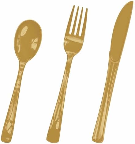 HEIPINIUYE 75 Pack Gold Plastic Cutlery Heavy Duty Gold Plastic Knives Forks and Spoons Disposable Silverware Set for 25 Guest Camping Birthday Baby Shower Party Cutlery Set by HEIPINIUYE