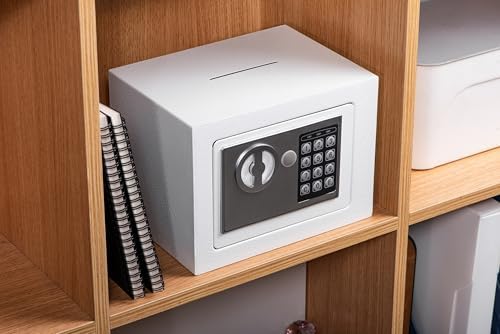 Small Safe Box With Digital Keypad & Keys - 9.05 x 6.7 x 6.7 Inches Wall Safe 0.23 Cuft Mini Security Lock for Coin Home Office Hotel Rooms Business Jewelry Gun (White) - Image 3