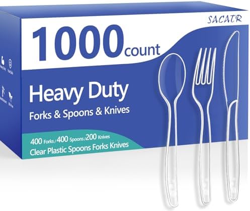 SACATR 1000 Count Clear Plastic Silverware Heavy Duty -Forks, Spoons,Knives by SACATR