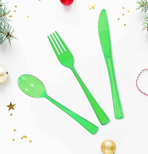 HEIPINIUYE 75 Pack Green Clear Plastic Cutlery Heavy Duty Clear Green Plastic Knives Forks and Spoons Disposable Silverware Set for 25 Guest Camping Birthday Baby Shower Party Utensil Set - Image 4