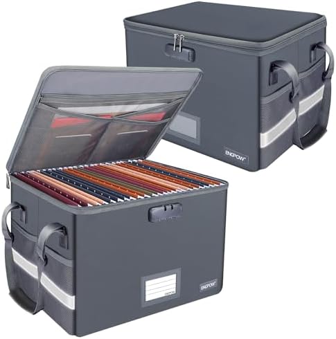ENGPOW File Box with Lock, Fireproof Document Box with Pockets, Collapsible File Organizer Filing Storage Cabinet with Handle, Portable Home Office Safe for Hanging Letter/Legal Folders,Gray,2 Pack by ENGPOW