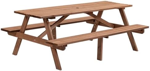 75'' Rectangular Outdoor Dining Table Wooden Patio Dining Table & 2 Built-in Bench for 8, 2" Umbrella Hole, Suitable for Backyard Garden Porch, Brown - Image 6
