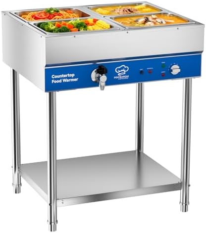 TOPKITCH ETL Listed 4-Pan Commercial Food Warmer, Electric Steam Table, 120V 1700W Stainless Steel Buffet Catering Food Warmer with Undershelf and Workspace, for Buffet,Parties and Restaurants. by TOPKITCH