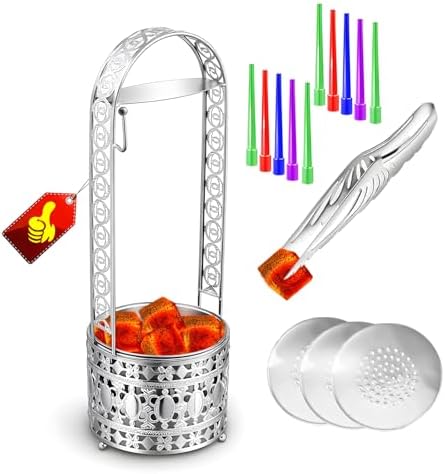 Portable Hookah Charcoal Basket with Coal Tongs,50 pre-Cut foil Sheets, 20 hygienic mouthpieces - Metal Storage Container & Holder for Shisha Accessories (Silver Basket 15.7") by Unknown