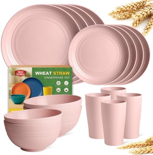 Teivio 16-Piece Kitchen Plastic Wheat Straw Dinnerware Set, Service for 4, Dinner Plates, Dessert Plate, Cereal Bowls, Cups, Unbreakable Plastic Outdoor Camping Dishes,Pink by Teivio