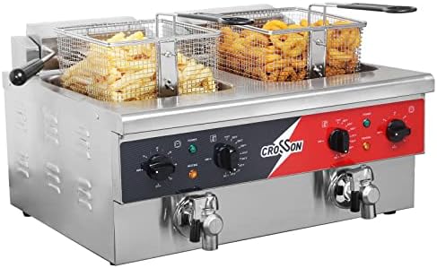 CROSSON 12L Dual Tank Countertop Electric Deep Fryer with Drain,Solid Basket and Lid for Restaurant and Home Use 120V,3600W Stainless Steel Commercial Deep Fryer (EF-6V-2) by CROSSON-CateringEquipment
