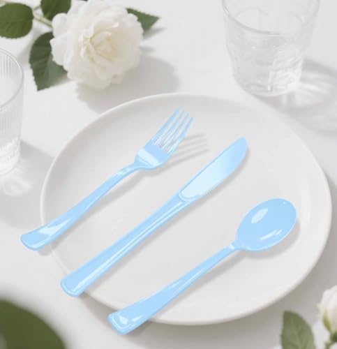 HEIPINIUYE 75 Pack Light Blue Plastic Cutlery Heavy Duty Baby Blue Plastic Knives Forks and Spoons Disposable Silverware Set for 25 Guest Camping Birthday Baby Shower Party Cutlery Set - Image 7