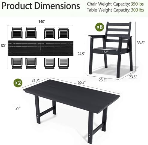 10-Piece Outdoor Dining Set, All-Weather HDPE Patio Furniture, Two 66.5" Slatted Table with 1.6" Umbrella Hole & 8 Ergonomic Armchairs, Heavy Duty 350lbs Capacity, UV Resistant, Black - Image 3