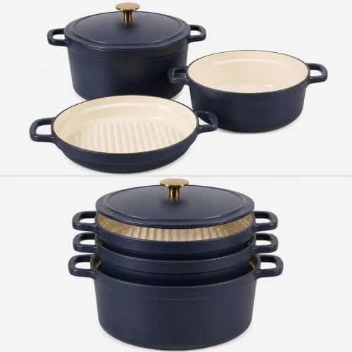 Sur La Table Kitchen Essentials 4-Piece Enameled Cast Iron Stackable Cookware Set, 5.3 Qt Dutch Oven with Lid, Braiser & Grill Pan, Navy Blue, Gold Knob Oven Safe to 500°F, Induction Compatible by Unknown