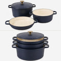 Sur La Table Kitchen Essentials 4-Piece Enameled Cast Iron Stackable Cookware Set, 5.3 Qt Dutch Oven with Lid, Braiser & Grill Pan, Navy Blue, Gold Knob Oven Safe to 500°F, Induction Compatible by Unknown