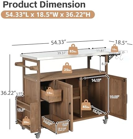 Christopher Knight Home Edsel Outdoor Bar Cart with Stainless Steel Top and Lockable Wheels, Solid Wood Outdoor Storage Cabinet, Kitchen Island Serving Cart for Poolside, Garden, Natural Brown+Silver - Image 6