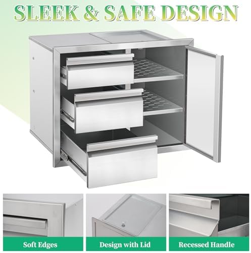 Outdoor Kitchen Drawer Combo 28" W x 20.1" H x 19.8" BBQ Triple Drawers & Access Door, Stainless Steel Cabinet, Perfect for Outdoor Kitchen Island Patio Grill Station - Image 5