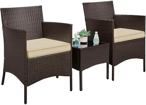 Yaheetech 3 Pieces Patio Porch Furniture Set, Outdoor PE Rattan Wicker Conversation Set with Soft Cushions, Glass Coffee Table & 2 Chairs for Garden/Deck/Courtyard/Poolside, Brown/Khaki by Yaheetech
