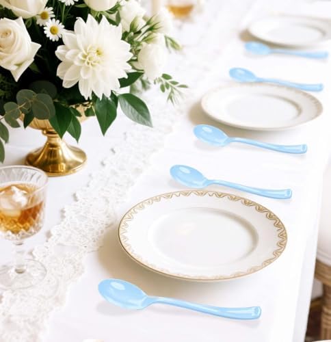 SietDESEO 25 PCS Light Blue Plastic Spoons Disposable Utensils Heavy Duty Baby Blue Spoons Disposable Cutlery for Birthday Wedding Baby Shower Bridal Shower Plastic Silverware - Image 6