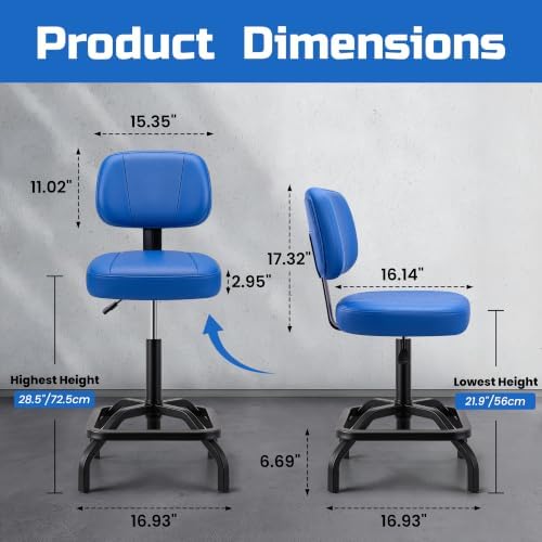 Shop Stool, Garage Stool with Backrest, Mechanic Chair for Workshop, Blue - Image 2