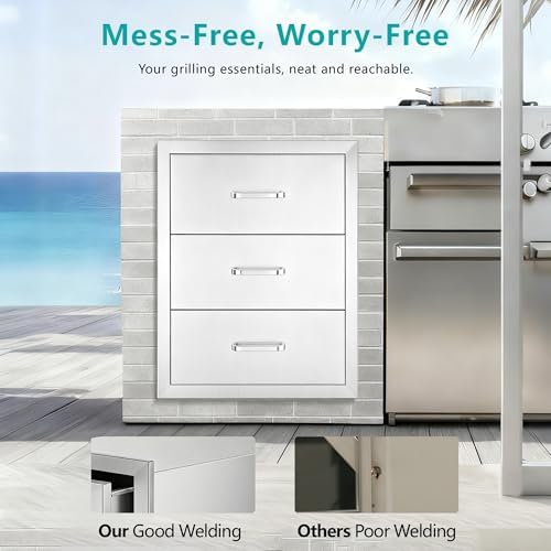 Outdoor Kitchen Drawers, 3-Drawer Stainless Steel Flush-Mount BBQ Drawer Cabinet with Full-Extension Slides, 18 in. W x 23 in. H x 23 in. D, for BBQ Island, Grill Station and Patio Kitchen - Image 7