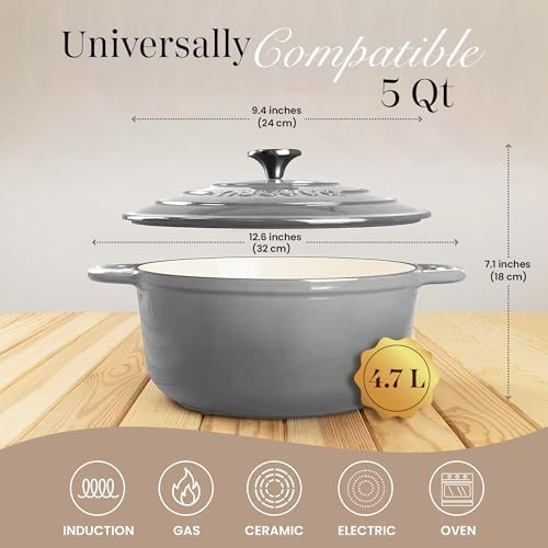 Cast Iron Pot with Lid-Non-Stick Ovenproof Enamelled Casserole Pot, Oven Safe up to 500° F-Sturdy Dutch Oven Cookware - Grey, 5-Quart, 24cm-by Nuovva - Image 2