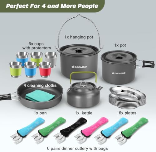 Odoland 39pcs Camping Cookware Mess Kit, Non-Stick Large Size Hanging Pot Pan Kettle with Base Dinner Cutlery Sets for 6 and More, Cups Dishes Forks Spoons Kit for Outdoor Camping Hiking Picnic - Image 2