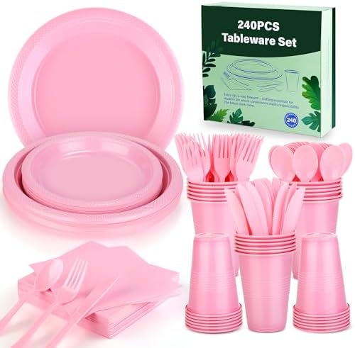 Kochorie 240 Pieces Pink Plastic Dinnerware Set Disposable Heavy Duty Plates Napkins Cups and Silverware Dessert Dinner Plates for Birthday Wedding Baby Shower Party Supplies, Serves 30 Guests - Image 4