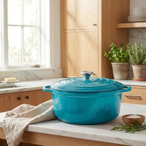 Zulay Kitchen 6.4QT Enameled Cast Iron Dutch Oven Pot with Lid, Heavy-Duty Soup Pot for Stews, Braising, Roasting & Sourdough Bread Baking, Oven Safe up to 500°F - Light Blue - Image 2