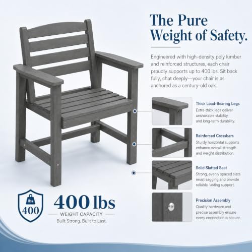 Patio Dining Chairs Set of 2, All-Weather HDPE Outdoor Dining Chair with High Back, Stackable Heavy Duty 400 lbs Lawn Armchair for Backyard Deck Porch Table, Gray - Image 6