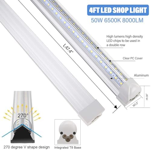 10Pack 4FT LED Shop Light - 50W 8000LM 6500K Linkable Clear Cover T8 LED Tube Light for Workshop, Warehouse, Basement - Plug and Play - Image 2